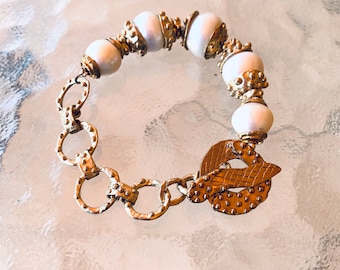 Golden Bronze and Fat White Pearls/Artisan Link Bracelet~8 inches