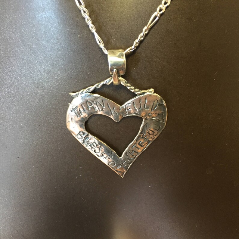 Thankful, Grateful, Blessed/Sterling Heart Pendant/Add Silver Figaro Chain Option image 2