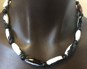 Black and White Agate Necklace/ 20 Inches/etched glass spacers