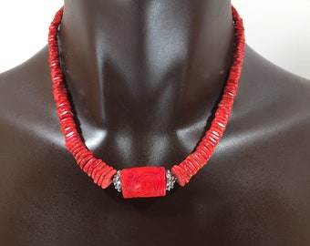 Bamboo Coral Necklace/Hand Carved Center Bead/Sterling Silver Beads and Clasp/18.5 inches