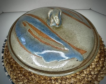 Stoneware Lidded Serving Dish Crock Rustic Pottery Blue Tan Gray Handmade Artist Signed