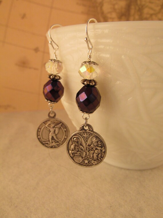 Items similar to Upcycled Earrings Vintage Religious Medals with Purple