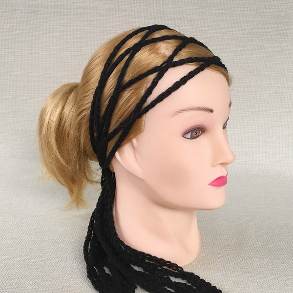 Black crochet headband for women, Boho Hippie head scarf, Self tie mesh head band, Adult womens hair scarf