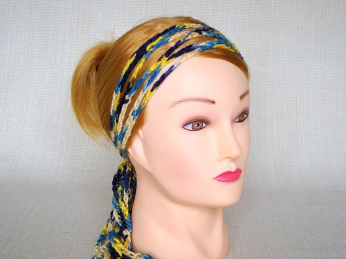 Gypsy Head Scarf Wrap, Crochet Skinny Headscarf, Hippie Hair Band, Summer Headwrap Bandana