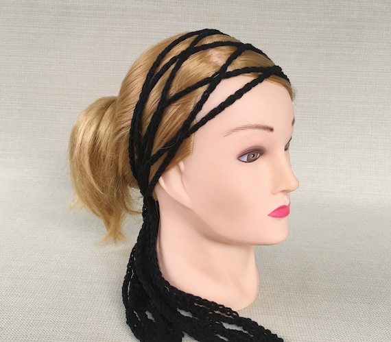 Black Crochet Headband for Women Boho Hippie Head Scarf Self Tie