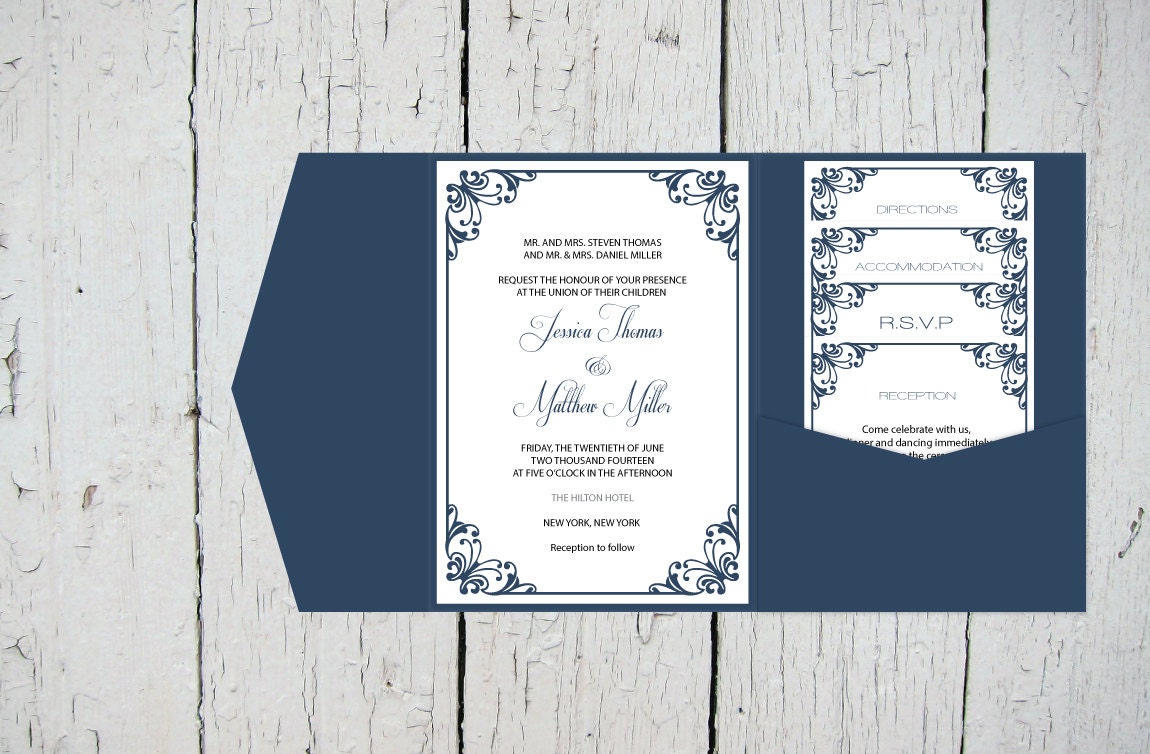 Pocket Wedding Invitation Templates Set Navy Flourish Etsy