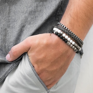 Leather Beaded Men Bracelet Set, Stacking Beaded Bracelet Set For Men, Black and White Beaded Bracelet Set, Mens Leather and chain Bracelets