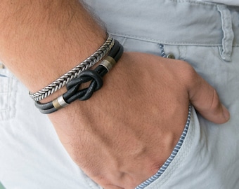 Mens Bracelet Set, Set of 2 Bracelets For Men, Mens leather Bracelet, Men Thick Silver Bracelet, Men leather Celtic Bracelet, Boyfriend Gift