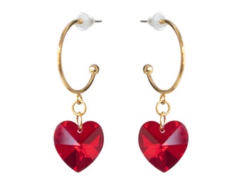 Red Heart Earrings, Open Hoop Earrings,Red Crystal Earrings, Gold Hoops, Golden Round Hanging Earrings, Lovers Gift, Unique Earrings, Gift