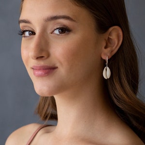 Tiny Hoop Earrings - Cowrie Shell Earrings - SeaShell Earrings - Silver Hoops - Minimalist Hoops - Silver Earrings - Dainty Hoops - Shell