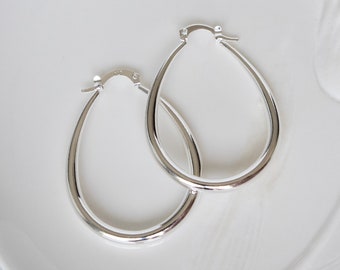 Oval Silver Hoops, Oval Hoop Earrings, Chunky Silver Hoop