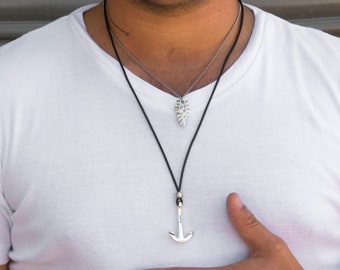 Men Anchor Necklace, Men leather Necklace with anchor pendant, Mens Nautical Necklace, Men Silver Necklace, Men Long Leather Necklace, Gift