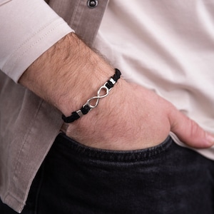 Men&#39;s Vegan Bracelet, Men&#39;s Infinity Bracelet, Faux leather bracelet, Men&#39;s Jewelry, Black & Silver, Husband Gift, Jewelry for Men, Boho