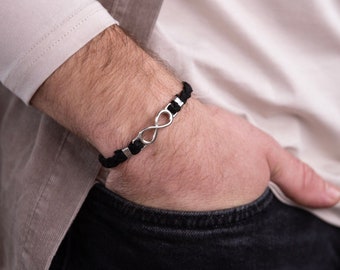 Men's Vegan Bracelet, Men's Infinity Bracelet, Faux leather bracelet, Men's Jewelry, Black & Silver, Husband Gift, Jewelry for Men, Boho