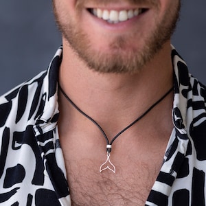 Men Necklace - Men Choker Necklace - Whale tail black Leather necklace chocker - simple men&#39;s charm necklace - bohemian jewellery - dolphin