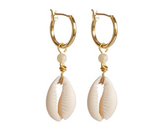 Cowrie Shell Earrings - Tiny Hoop Earrings - SeaShell Earrings - Gold Hoops - Minimalist Hoops - Silver Earrings - Dainty Hoops - Shell