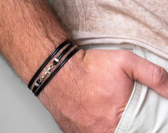 Mens Silver Cross Black Bracelet, Mens Religious Bracelet, Mens Christian Bracelet, Stylish Bracelet, Religious Gift, Modern Cross Bracelet