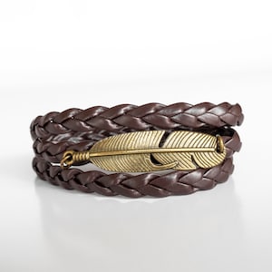 Men&#39;s Bracelet, Feather Bracelet, Faux Leather Bracelet, Braided Bracelet, Charm Bracelet for Men, Men&#39;s Jewelry, Brown Wrap Bracelet, Boho