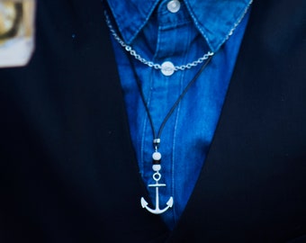 Anchor Necklace, Men's Anchor Necklace, Men's Silver Necklace, Men's Leather Necklace, Men's Jewelry, Men's Gift, Boyfriend Gift, Leather je