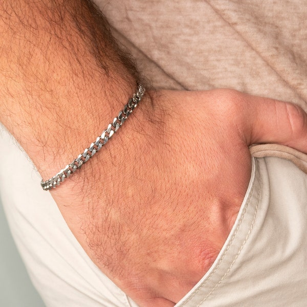 Bracelet pour homme en acier inoxydable, Bracelet en argent minimal, Bracelet en argent pour homme fin, Bracelet en argent à maillons cubains, Bracelet chaîne cubaine (orian)