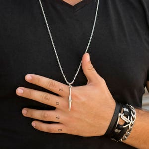Mens Long Silver Necklace & spear Pendant, Mens Modern Jewelry, Geometric Bar Pendant Necklace, Urban Necklace, Stainless Steel Necklace
