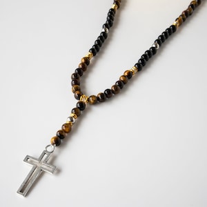 Mens Cross Beaded Necklace, Mens Unique Necklace, Beaded Cross Necklace For Men, Modern Cross Necklace, Tiger&#39;s Eye Cross Necklace for Men