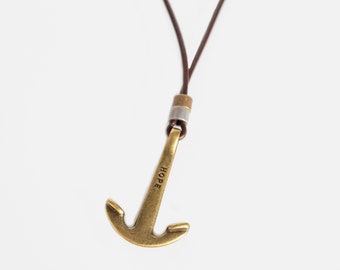 Men's Anchor Necklace, Long Genuine Brown Leather & Brass Pendant Necklace for Men, Handmade Sailor Ocean Surfer Jewelry for Guys by Magoo