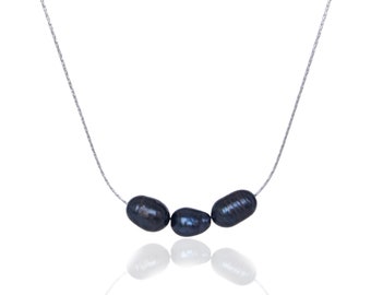 Zwarte parelketting voor dames, gelaagde Elgant modern zilver en pauw zwarte zoetwaterparelketting, 925 sterlingzilveren parelketting