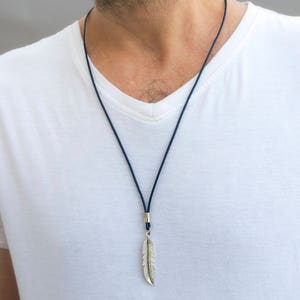 Men Long Necklace, Mens Feather Pendant Necklace, Mens Silver & Leather Necklace, Men's Blue Leather Necklace, Men's Jewelry, Men's Gift