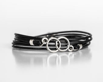 Mens Black Vegan Wrap Bracelet, Mens Boho Bracelet, Men Vegan Silver Infinity Bracelet, Modern Style Bracelet for Men, Trendy Charm Bracelet