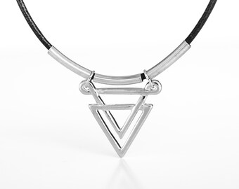 Men's Leather Necklace, Black Leather Choker, SIlver and Black Necklace, Handmade Geometric Tribal Jewelry for Guys by Magoo
