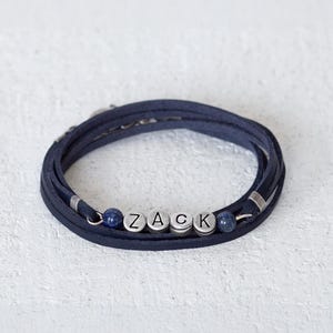 Mens Personalised Faux Leather Bracelet, Men Blue Vegan Bracelet, Mens Custom Wrap Bracelet, Men Bead Bracelet, Boho Style Jewelry, BFF Gift
