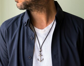Anchor Pendant Necklace, Men Anchor Necklace, Mens Pendant Necklace, Mens Long Necklace, Men Black Leather Necklace, Mens Silver Pendant