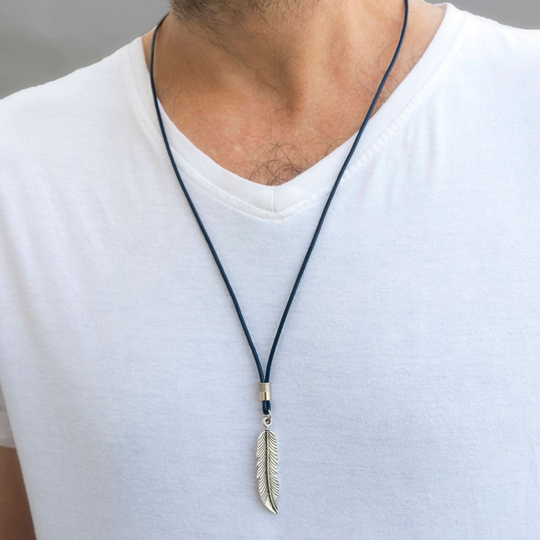 Men Long Necklace, Mens Feather Pendant Necklace, Mens Silver & Leather ...
