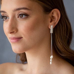 Silver Pearl Drop Earrings, Pearl Bridal Earrings, Pearl Ear Jacket Earring, Elegant Dangle Pearl earrings, Long Silver wedding Earring