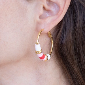Boho Colorful Beaded Hoops, Golden Round Hanging Earrings, Red Pink & White Beaded Hoop Earrings, Statement Hoop Earrings, festive Style