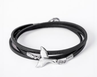 Mens Black Leather Bracelet, Mens Nautical Bracelet, Whale bracelet, Leather Bracelet For Men, Wrap Bracelet For Men, Nautical Style Jewelry