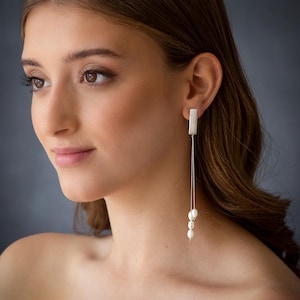 Pearl Ear Jacket Earring, Long Silver wedding Earring, Pearl Bridal Earrings, Elegant Pearl earrings, Double Pearl Earrings, Shoulder Duster