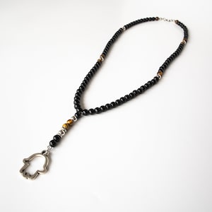 Mens Hamsa Long Bead Necklace, Hamsa Hand Necklace for men, Judaica Necklace For Men, Beaded necklace With Hamsa Pendant, Silver & Black Nec