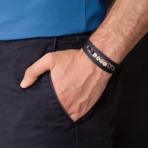 Mens Blue Personalized Leather Bead Bracelet, Men's Wrap Personalized  Bracelet, Mens Custom Jewelry, Boho Style Jewelry For Men, Gift Idea