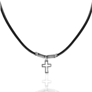 Choker Cross Necklace for Men, Christian Catholic Necklace, Mens Handmade Silver Cross on Leather Cord, Black leather Cross necklace for men
