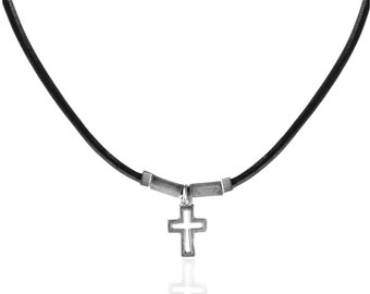 Choker Cross Necklace for Men, Christian Catholic Necklace, Mens Handmade Silver Cross on Leather Cord, Black leather Cross necklace for men