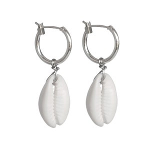 Tiny Hoop Earrings Cowrie Shell Earrings SeaShell Earrings Silver Hoops Minimalist Hoops Silver Earrings Dainty Hoops Shell image 2