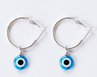 Evil Eye Earrings - Tiny Eye Hoop Earrings - Protection Earrings - Silver Hoops - Minimalist Hoops - Silver Earrings - Dainty Hoops