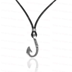 Men&#39;s Fish Hook Choker Necklace, Genuine Black Leather & Brass Anchor Choker Pendant Necklace, Handmade Oceanic Surfer Boho Jewelry for Guys