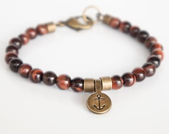 Men's Tiger Eye Beaded Bracelet, Men's Gemstone Bracelet - Men's Ancor Bracelet - Men's Nautical Jewelry, Modern Style Bracelet For Men