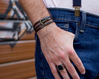 Men Brown Leather Bracelet, Mens Nautical Bracelet, Anchor Bracelet, Mens Anchor Bracelet, Leather Wrap Bracelet, Mens Leather wrap bracelet