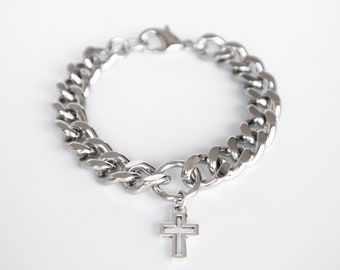 Mens Chain & Cross Bracelet, Mens Cuban Link Cross Bracelet, Mens Religious Bracelet, Mens Christian Bracelet, Mens Religious Jewelry Gift