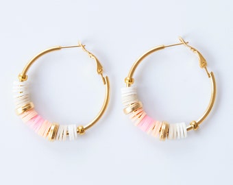 Boho Colorful Beaded Hoops, Golden Round Hanging Earrings, Pink & Gold Beaded 35 mm Hoop Earrings, Statement Hoop Earrings, Handmade Jewelry