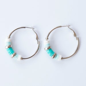 Colorful Beaded Hoops, Silver Round Hanging Earrings, Turquoise & White Beaded Hoop Earrings,, Mediterranean Style Hoops Earrings,